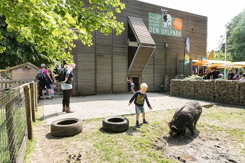 Het gebouw van kinderboerderij Den Uylpark tussen het groen